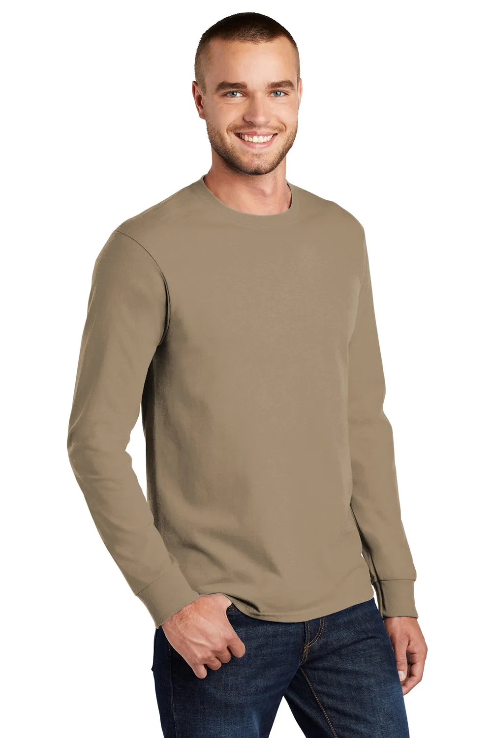 Port & Company Mens Essential Long Sleeve Crewneck T-Shirt - Sand Brown