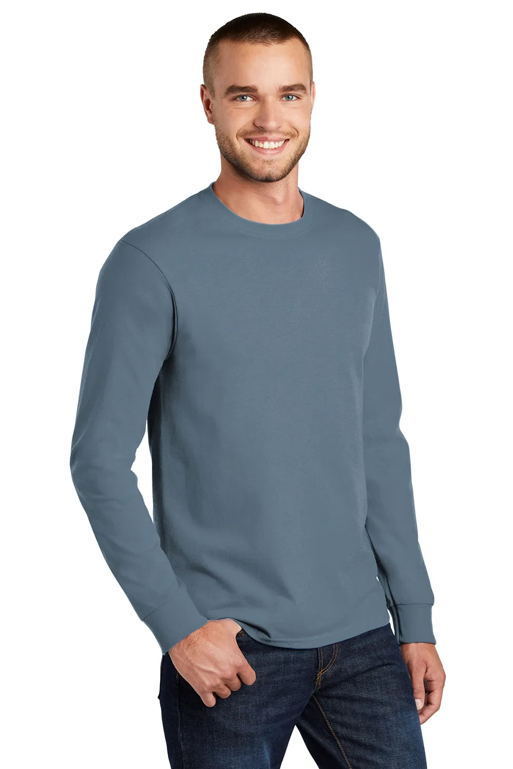 Port & Company Mens Essential Long Sleeve Crewneck T-Shirt - Stonewashed Blue