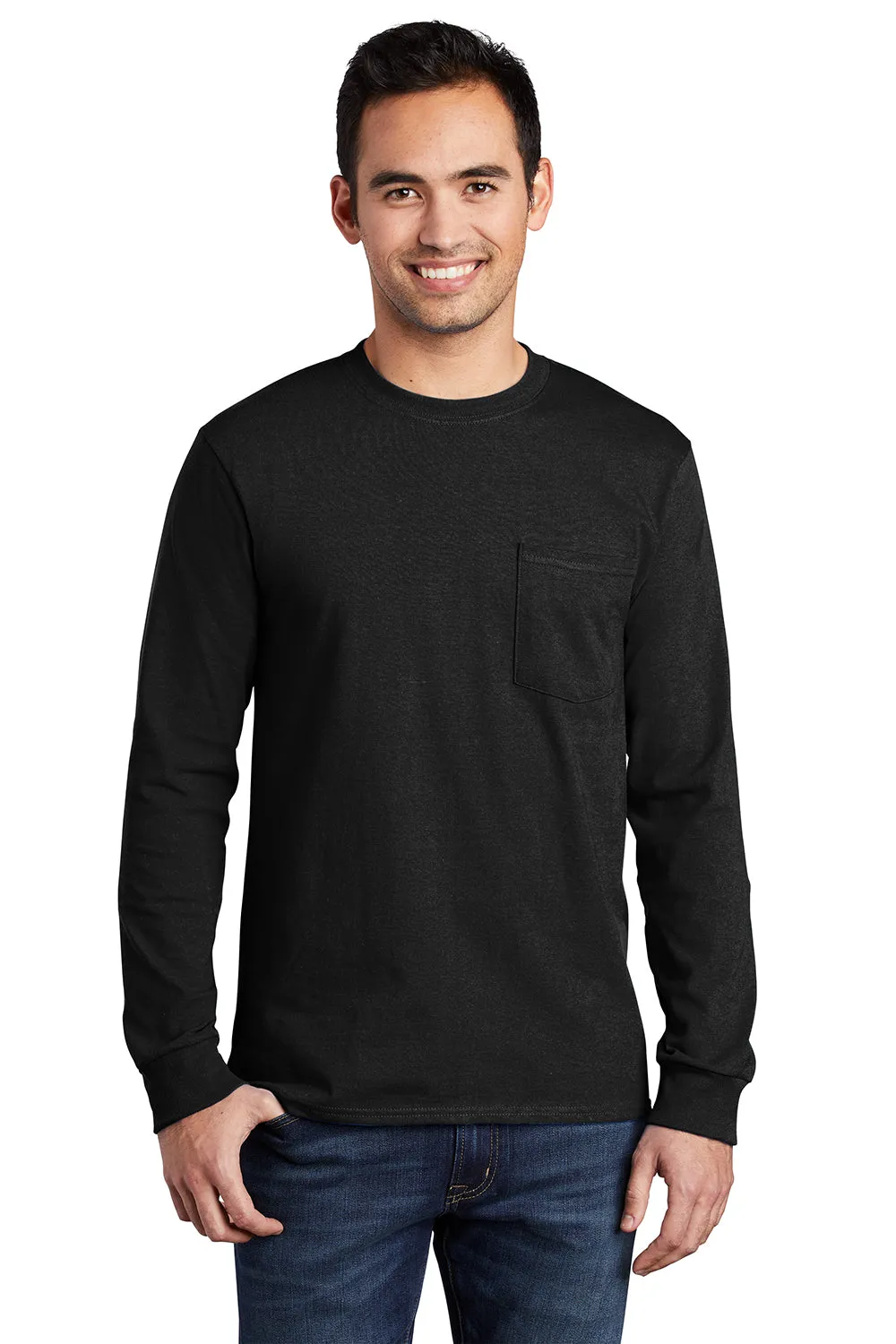 Port & Company Mens Essential Long Sleeve Crewneck T-Shirt w/ Pocket - Jet Black