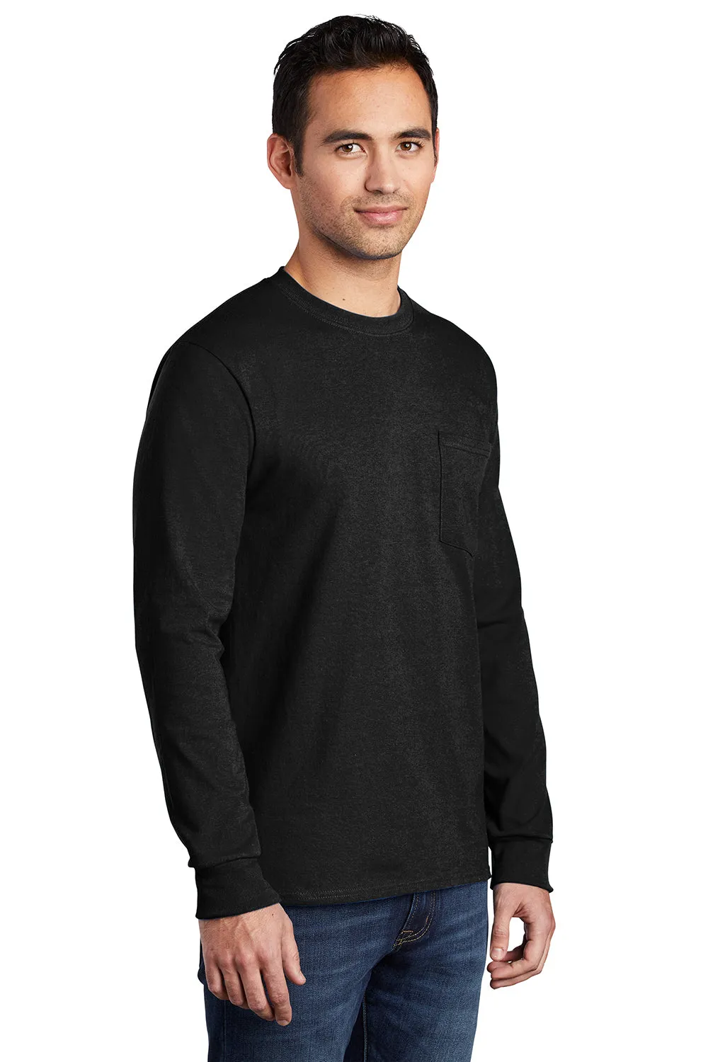 Port & Company Mens Essential Long Sleeve Crewneck T-Shirt w/ Pocket - Jet Black
