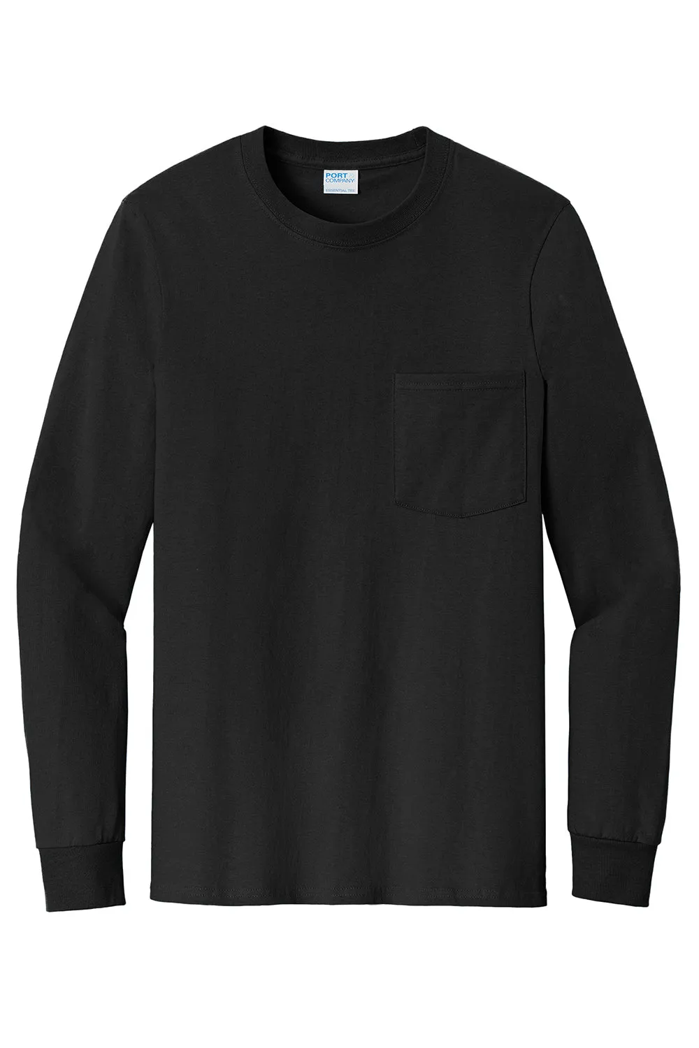 Port & Company Mens Essential Long Sleeve Crewneck T-Shirt w/ Pocket - Jet Black