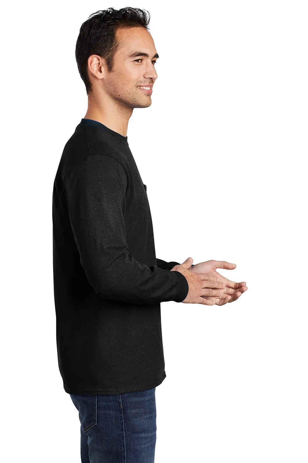 Port & Company Mens Essential Long Sleeve Crewneck T-Shirt w/ Pocket - Jet Black