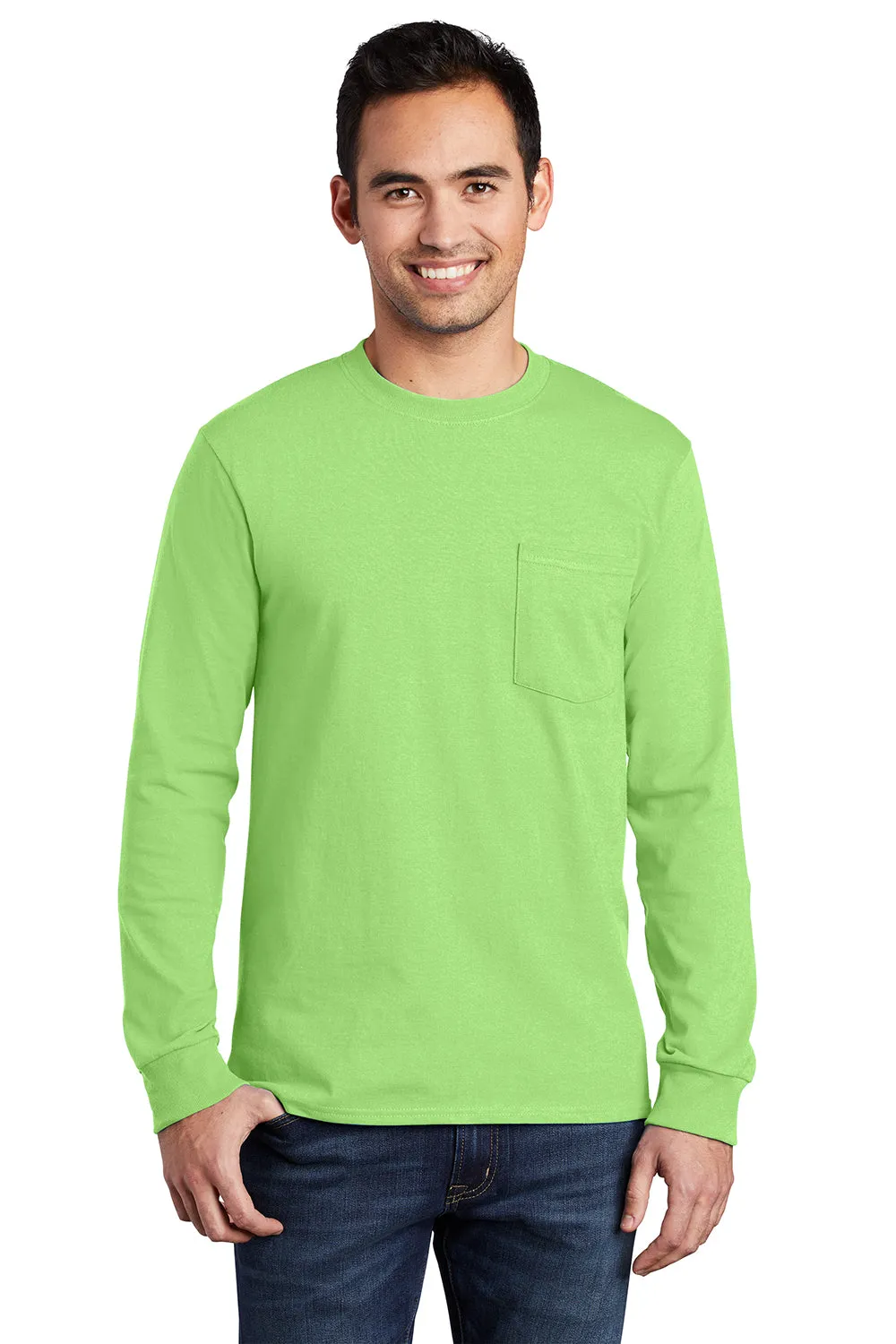 Port & Company Mens Essential Long Sleeve Crewneck T-Shirt w/ Pocket - Lime Green