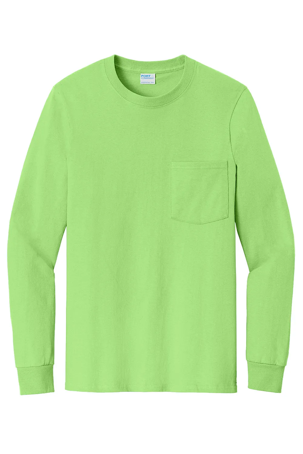 Port & Company Mens Essential Long Sleeve Crewneck T-Shirt w/ Pocket - Lime Green