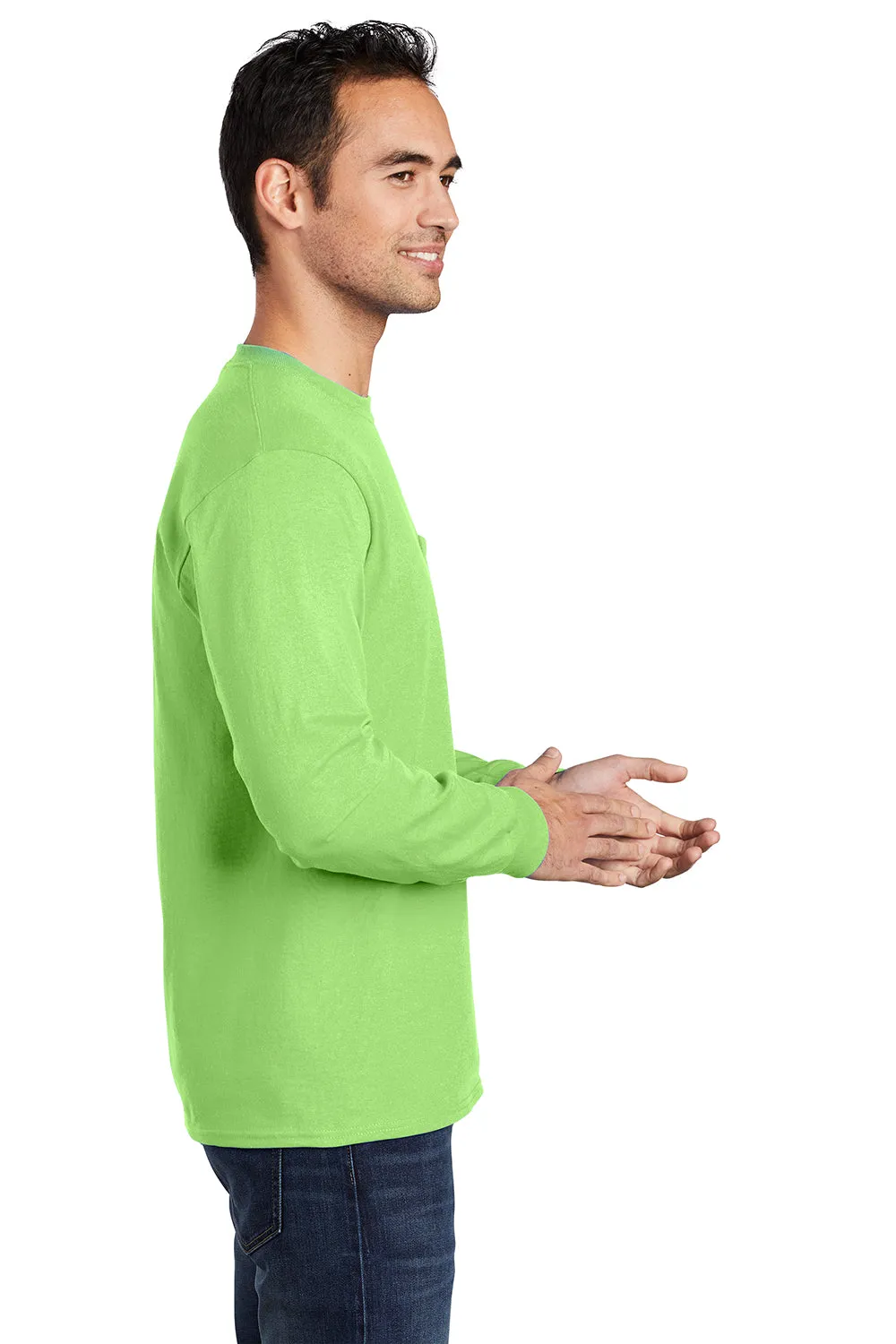 Port & Company Mens Essential Long Sleeve Crewneck T-Shirt w/ Pocket - Lime Green