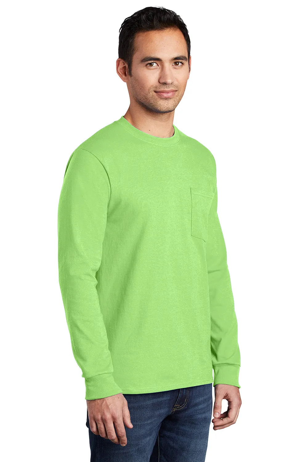 Port & Company Mens Essential Long Sleeve Crewneck T-Shirt w/ Pocket - Lime Green