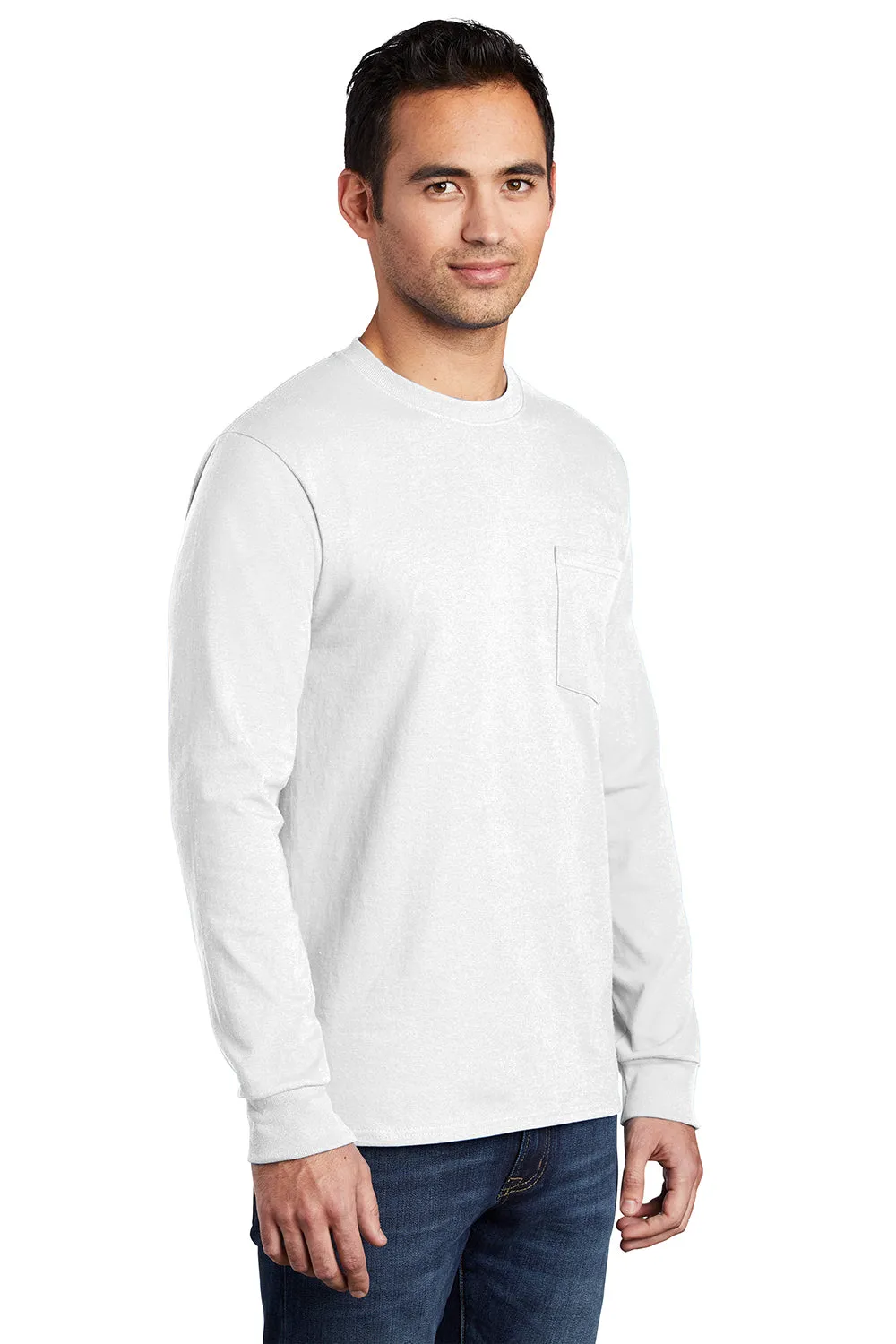 Port & Company Mens Essential Long Sleeve Crewneck T-Shirt w/ Pocket - White