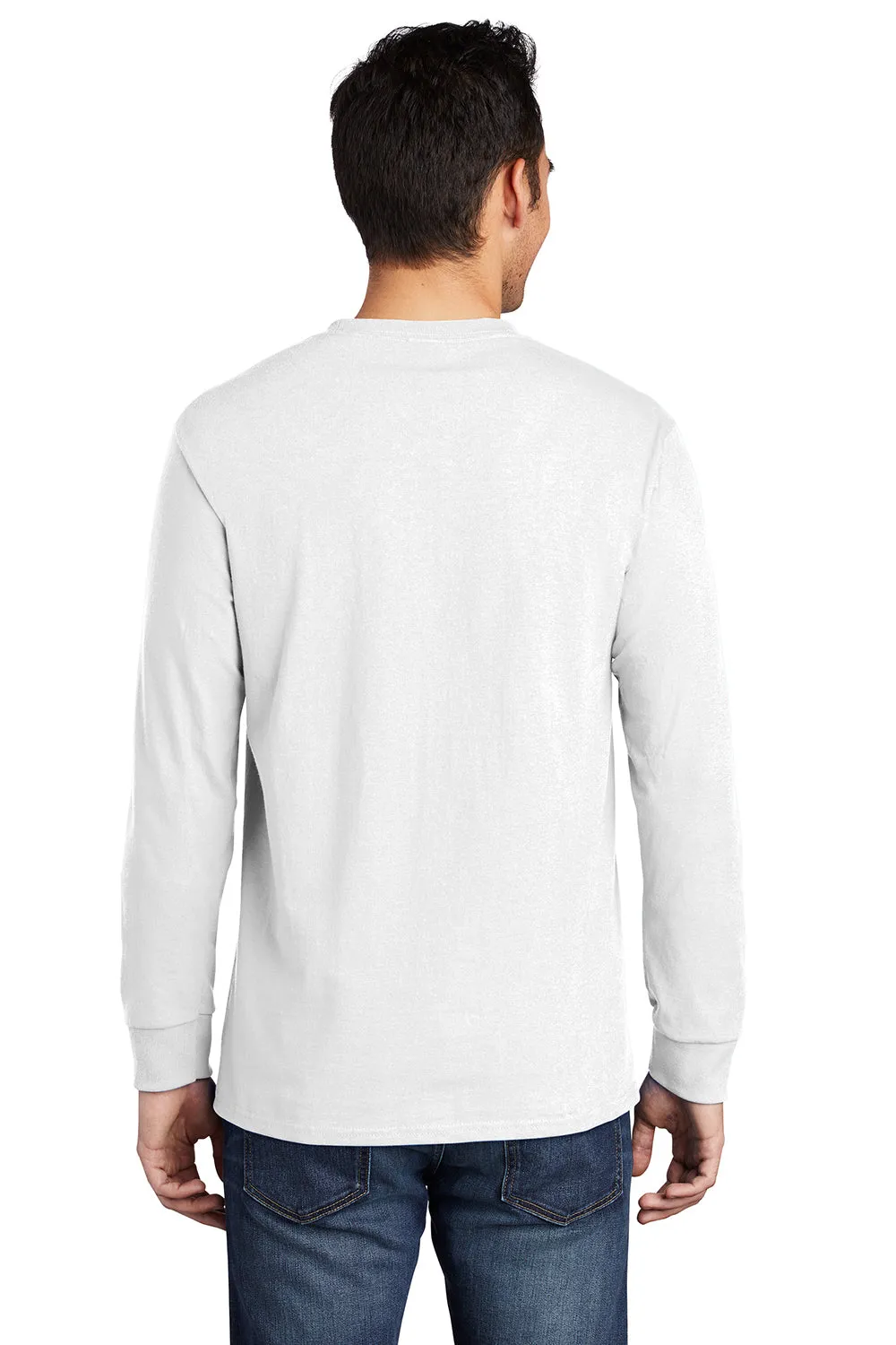 Port & Company Mens Essential Long Sleeve Crewneck T-Shirt w/ Pocket - White