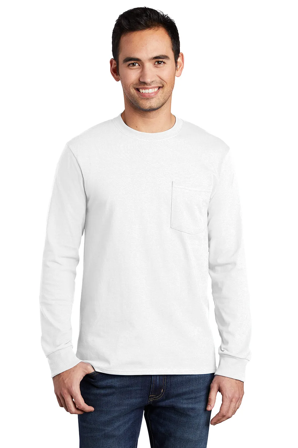 Port & Company Mens Essential Long Sleeve Crewneck T-Shirt w/ Pocket - White