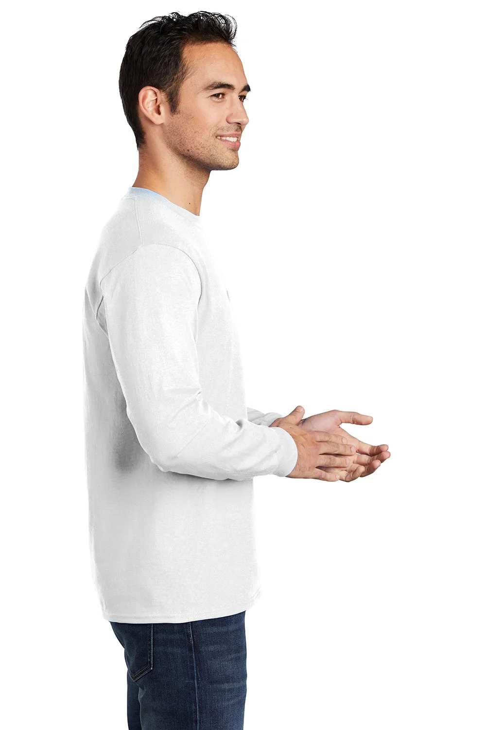Port & Company Mens Essential Long Sleeve Crewneck T-Shirt w/ Pocket - White