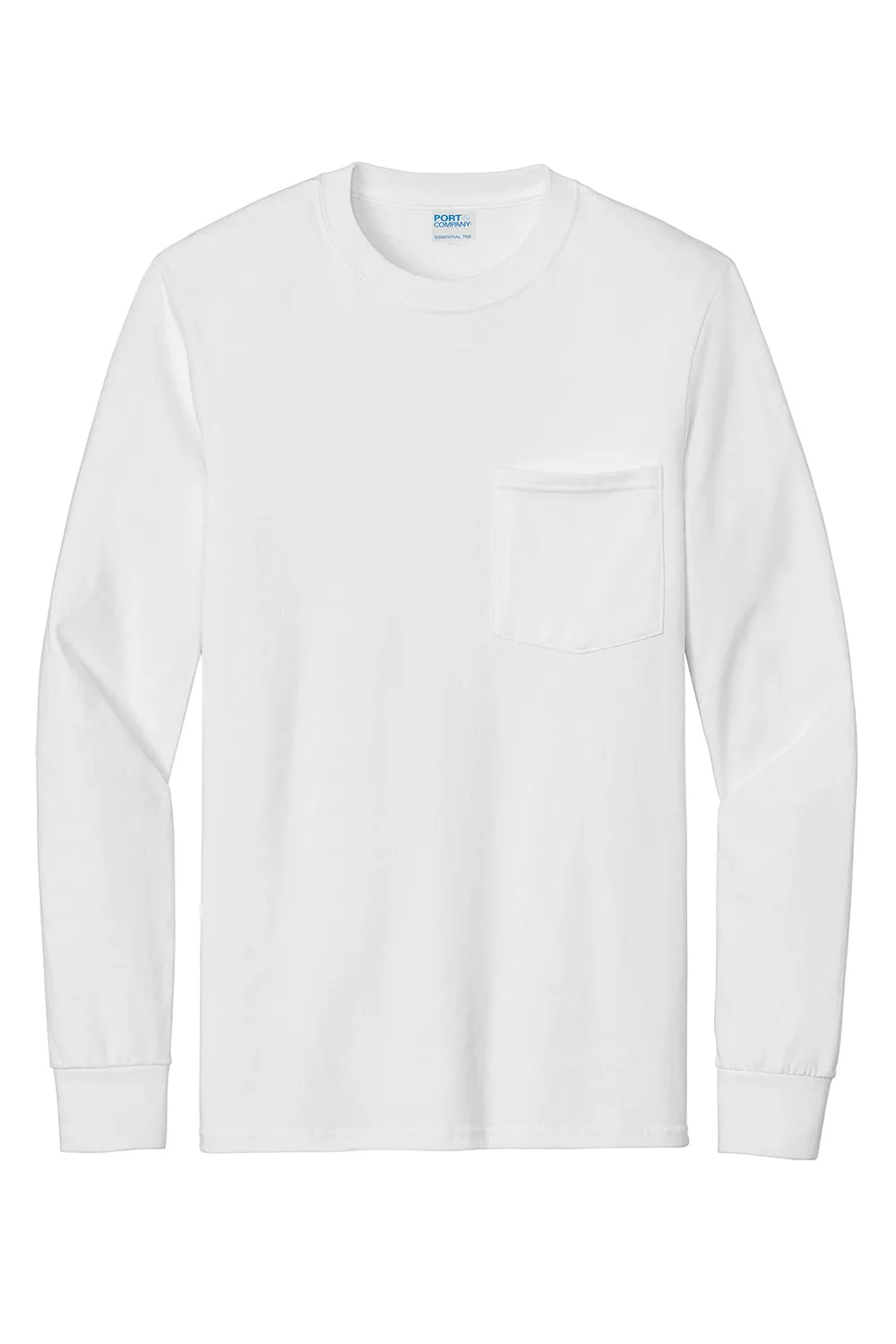 Port & Company Mens Essential Long Sleeve Crewneck T-Shirt w/ Pocket - White