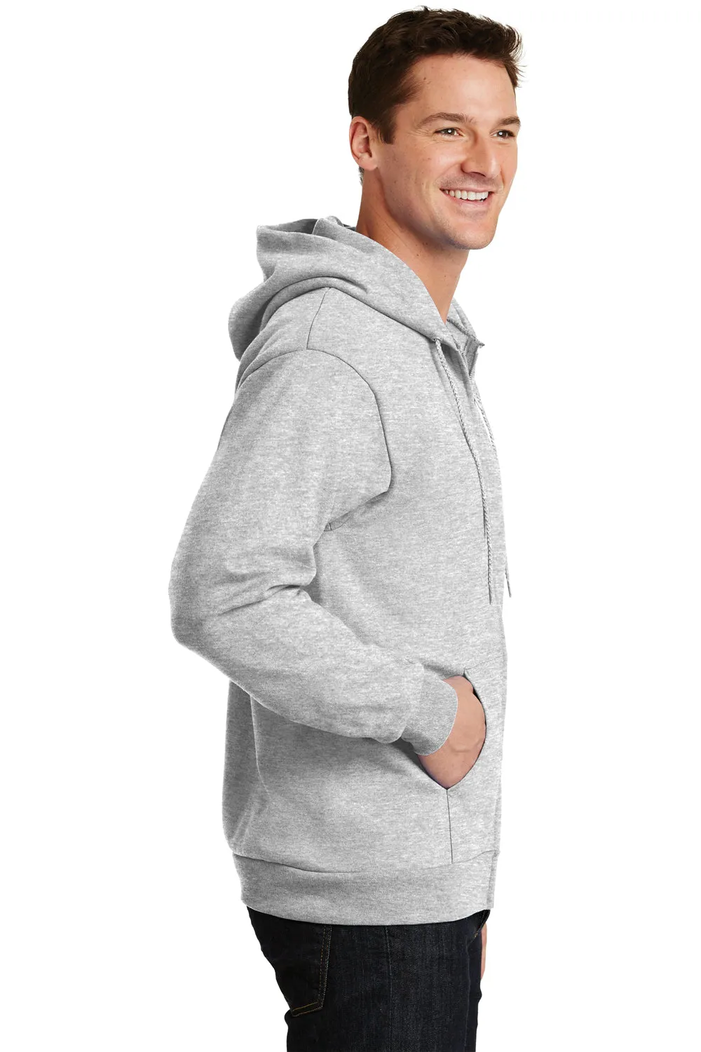 Port & Company Mens Essential Pill Resistant Fleece Full Zip Hooded Sweatshirt Hoodie w/ Pockets - Ash Grey