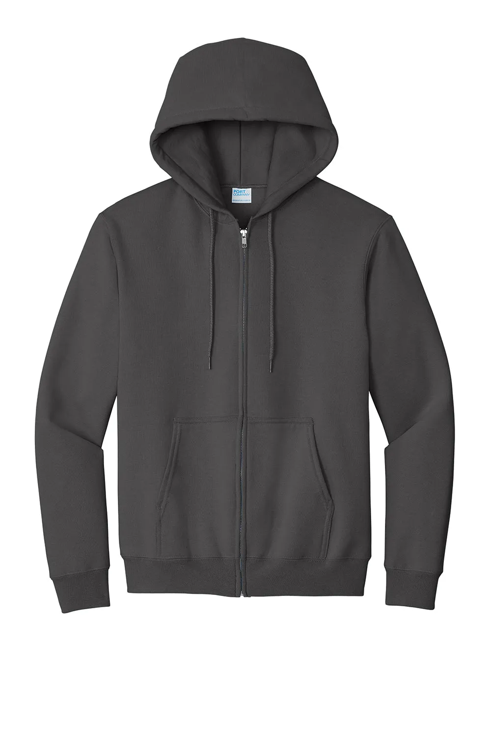 Port & Company Mens Essential Pill Resistant Fleece Full Zip Hooded Sweatshirt Hoodie w/ Pockets - Charcoal Grey