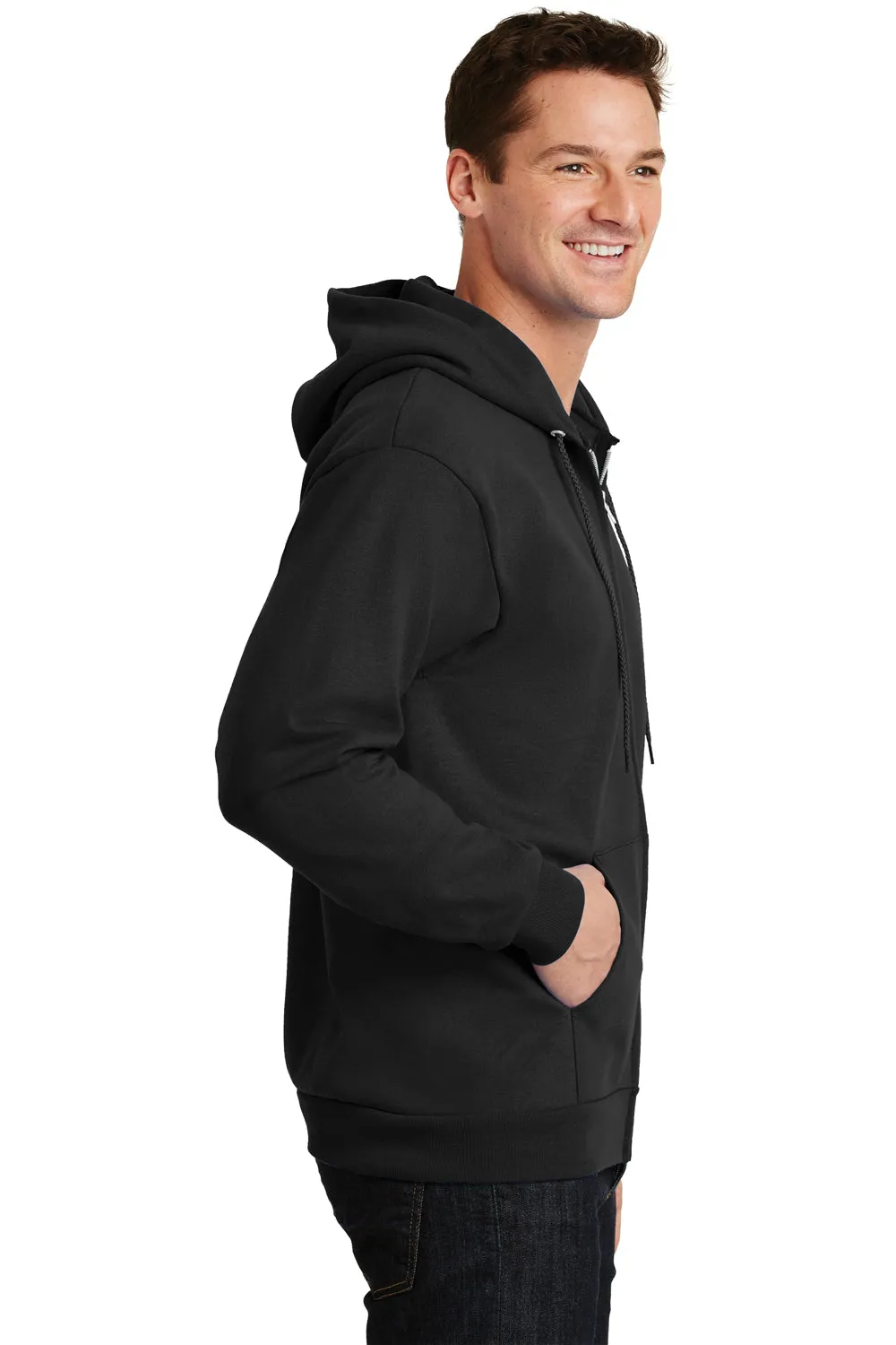Port & Company Mens Essential Pill Resistant Fleece Full Zip Hooded Sweatshirt Hoodie w/ Pockets - Jet Black