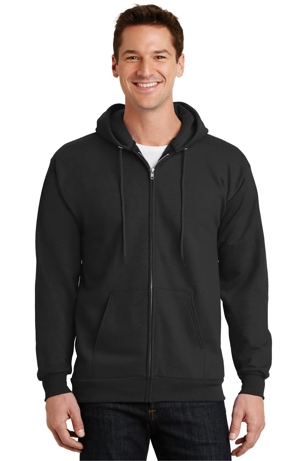 Port & Company Mens Essential Pill Resistant Fleece Full Zip Hooded Sweatshirt Hoodie w/ Pockets - Jet Black