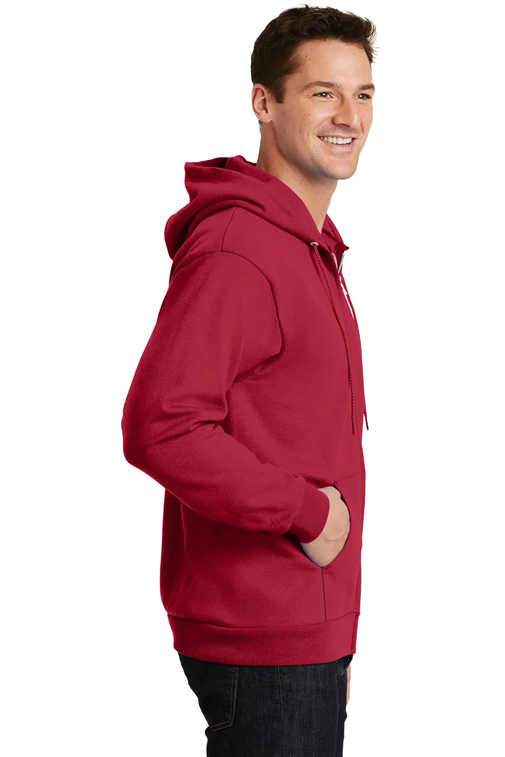 Port & Company Mens Essential Pill Resistant Fleece Full Zip Hooded Sweatshirt Hoodie w/ Pockets - Red