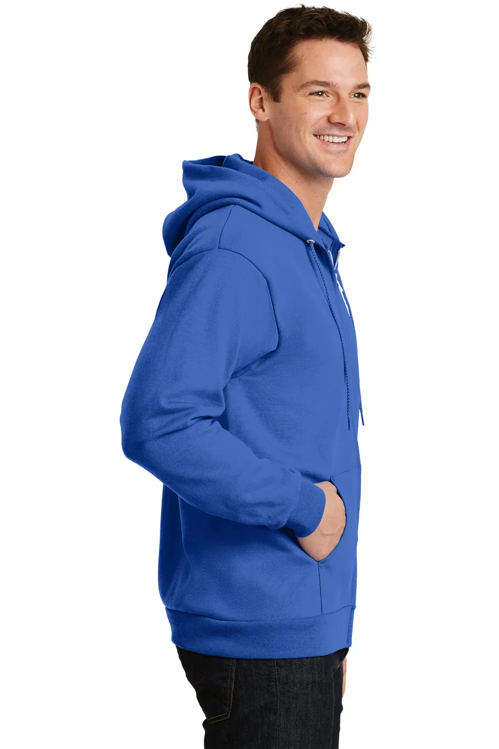 Port & Company Mens Essential Pill Resistant Fleece Full Zip Hooded Sweatshirt Hoodie w/ Pockets - Royal Blue