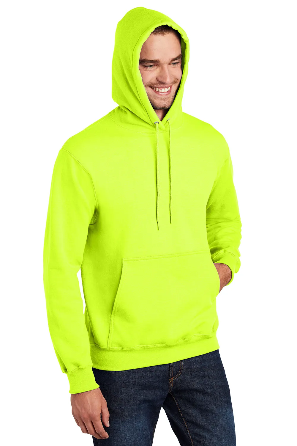 Port & Company Mens Essential Pill Resistant Fleece Hooded Sweatshirt Hoodie w/ Pouch Pocket - Safety Green