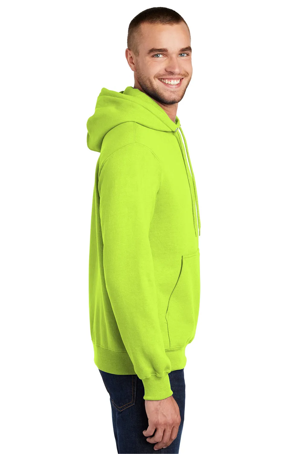 Port & Company Mens Essential Pill Resistant Fleece Hooded Sweatshirt Hoodie w/ Pouch Pocket - Safety Green