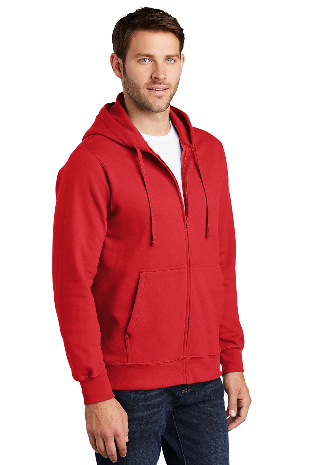 Port & Company Mens Fan Favorite Fleece Full Zip Hooded Sweatshirt Hoodie w/ Pockets - Bright Red