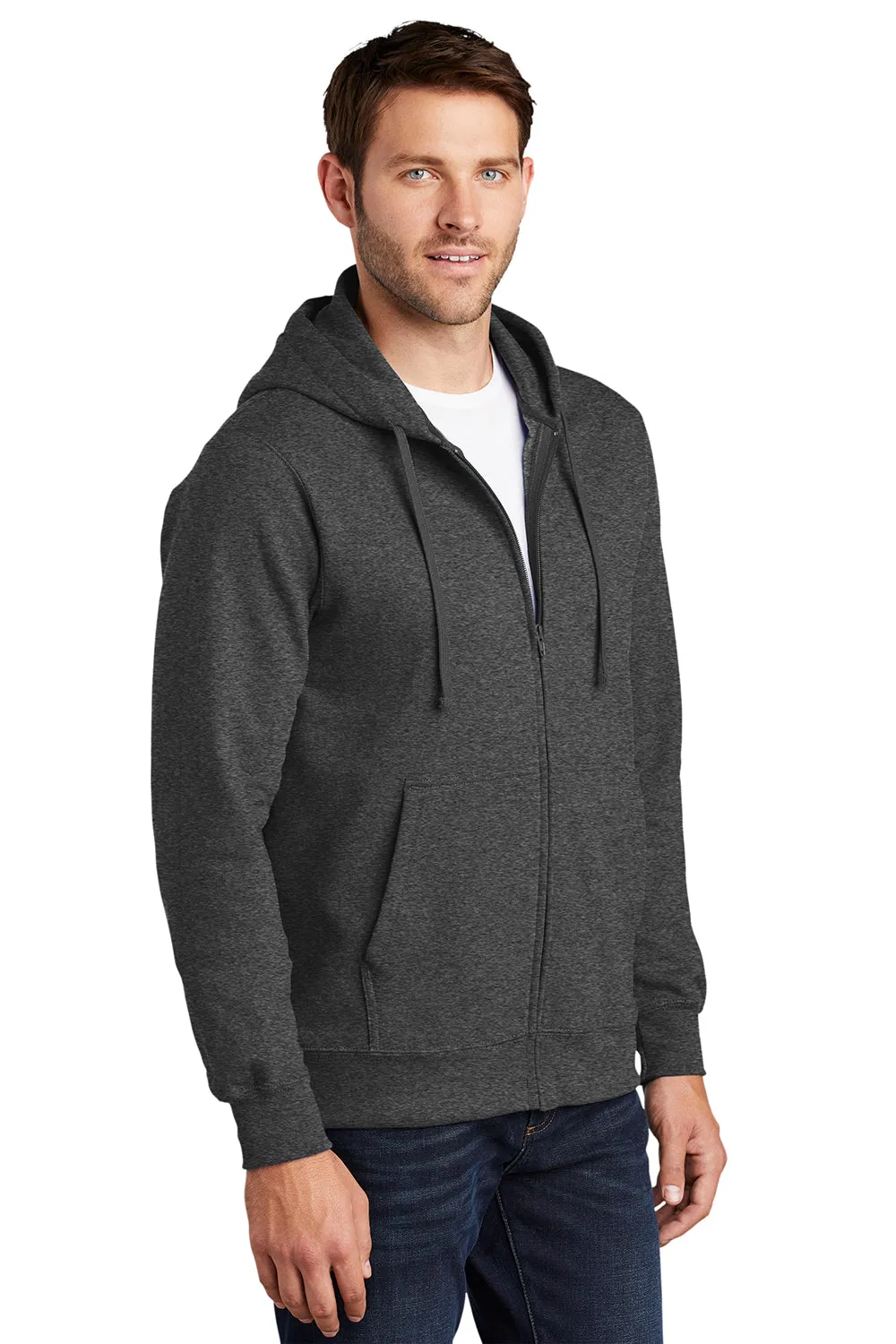 Port & Company Mens Fan Favorite Fleece Full Zip Hooded Sweatshirt Hoodie w/ Pockets - Heather Dark Grey