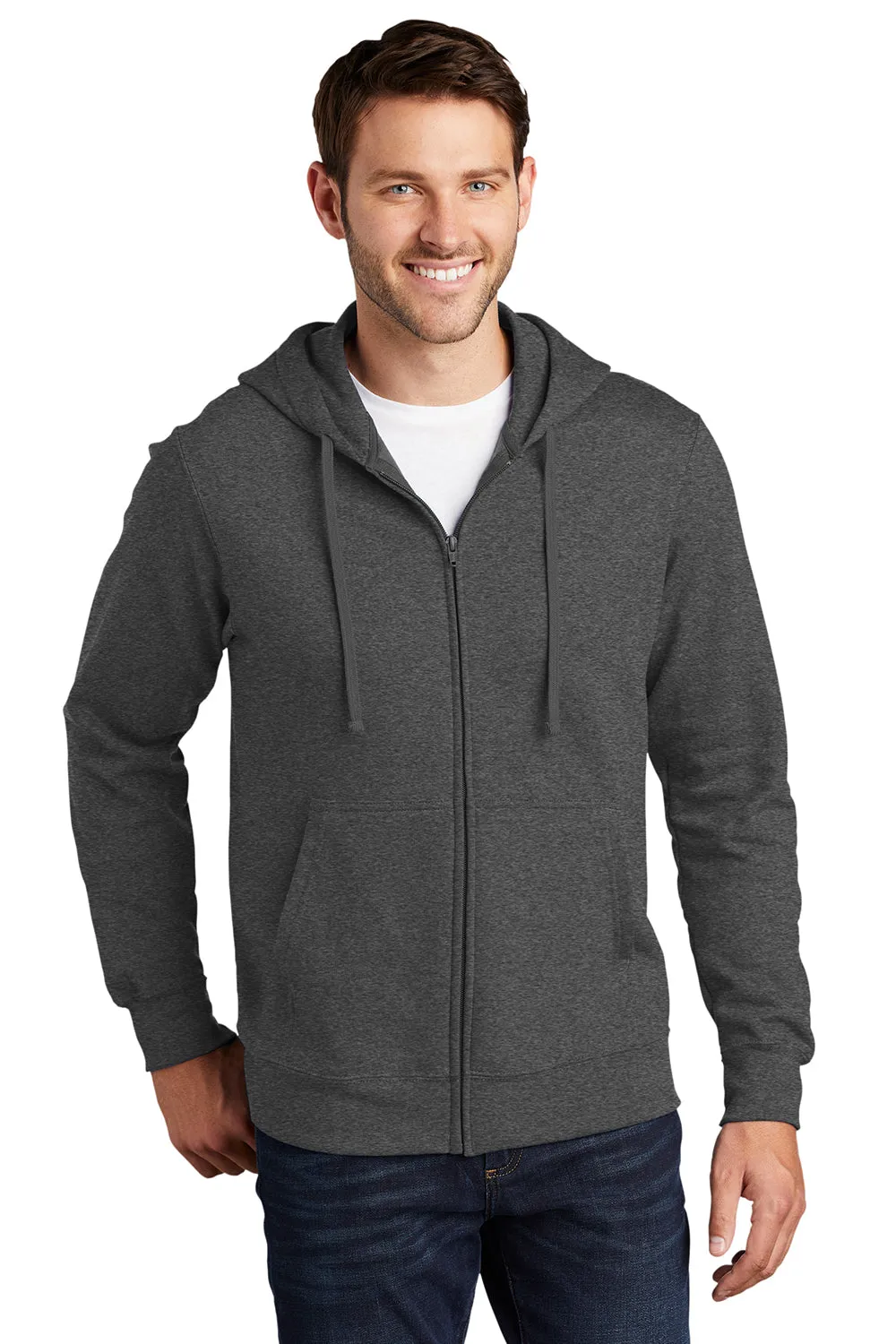 Port & Company Mens Fan Favorite Fleece Full Zip Hooded Sweatshirt Hoodie w/ Pockets - Heather Dark Grey