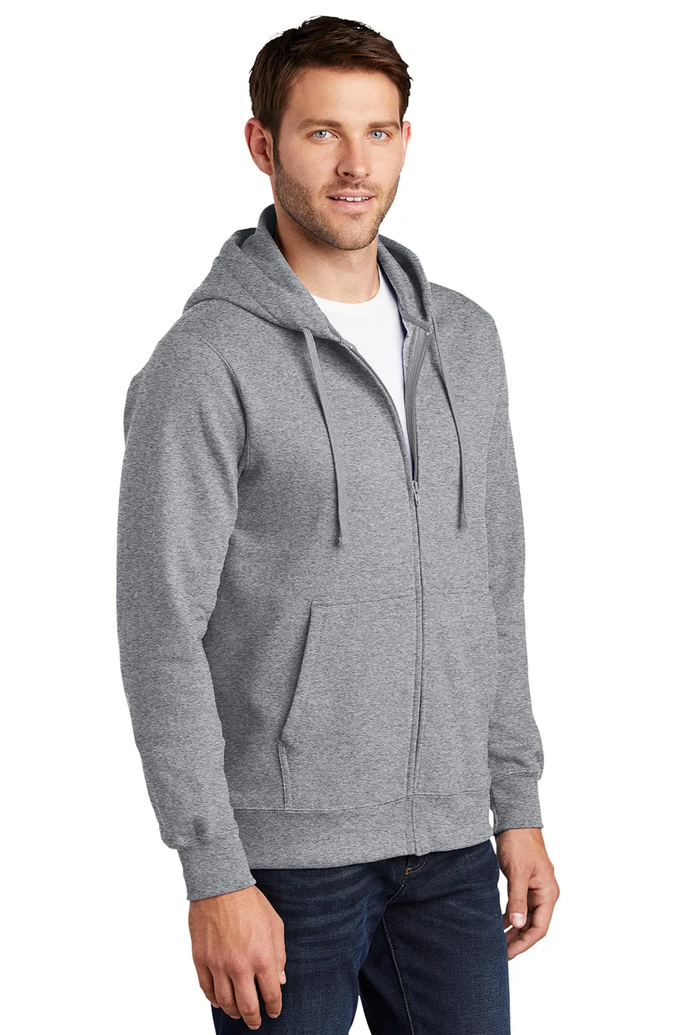 Port & Company Mens Fan Favorite Fleece Full Zip Hooded Sweatshirt Hoodie w/ Pockets - Heather Grey