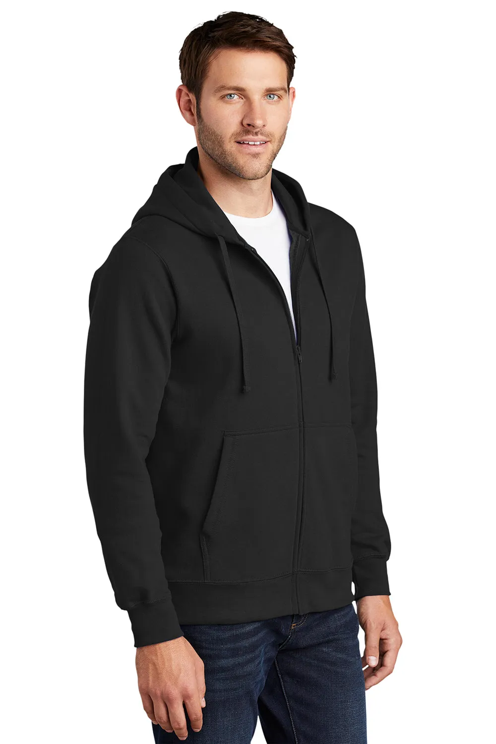 Port & Company Mens Fan Favorite Fleece Full Zip Hooded Sweatshirt Hoodie w/ Pockets - Jet Black