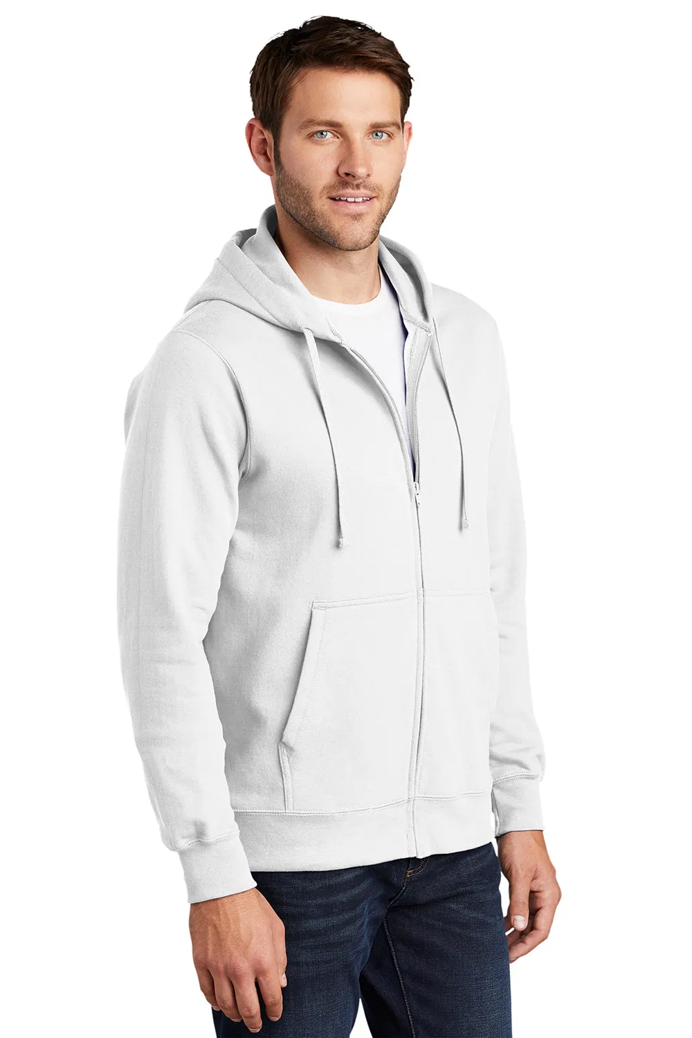 Port & Company Mens Fan Favorite Fleece Full Zip Hooded Sweatshirt Hoodie w/ Pockets - White