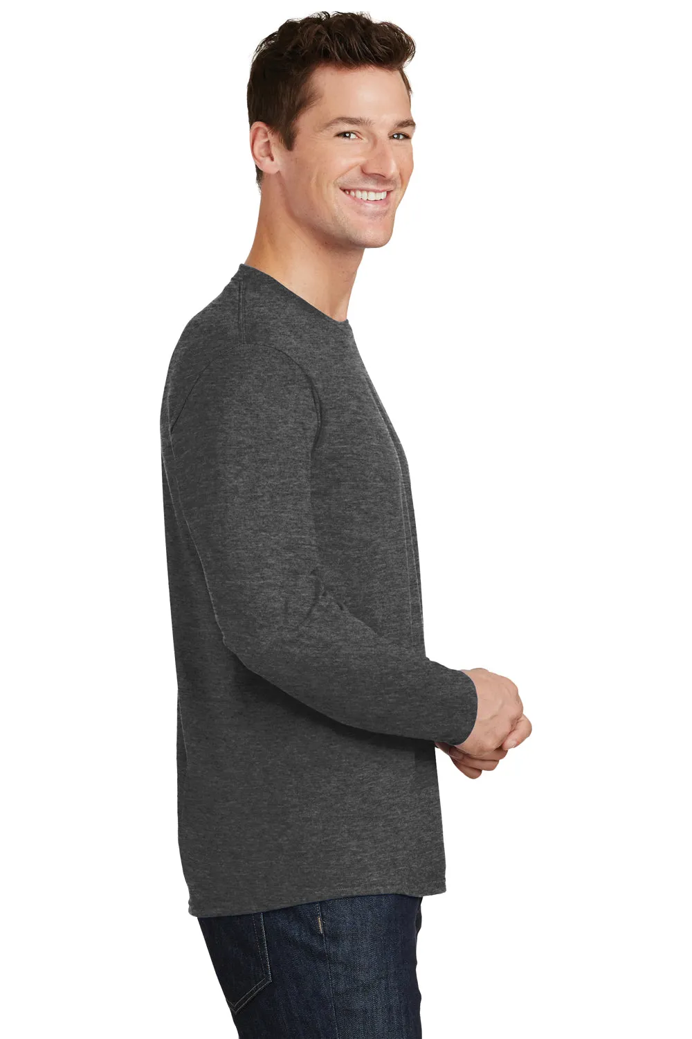 Port & Company Mens Fan Favorite Long Sleeve Crewneck T-Shirt - Heather Dark Grey