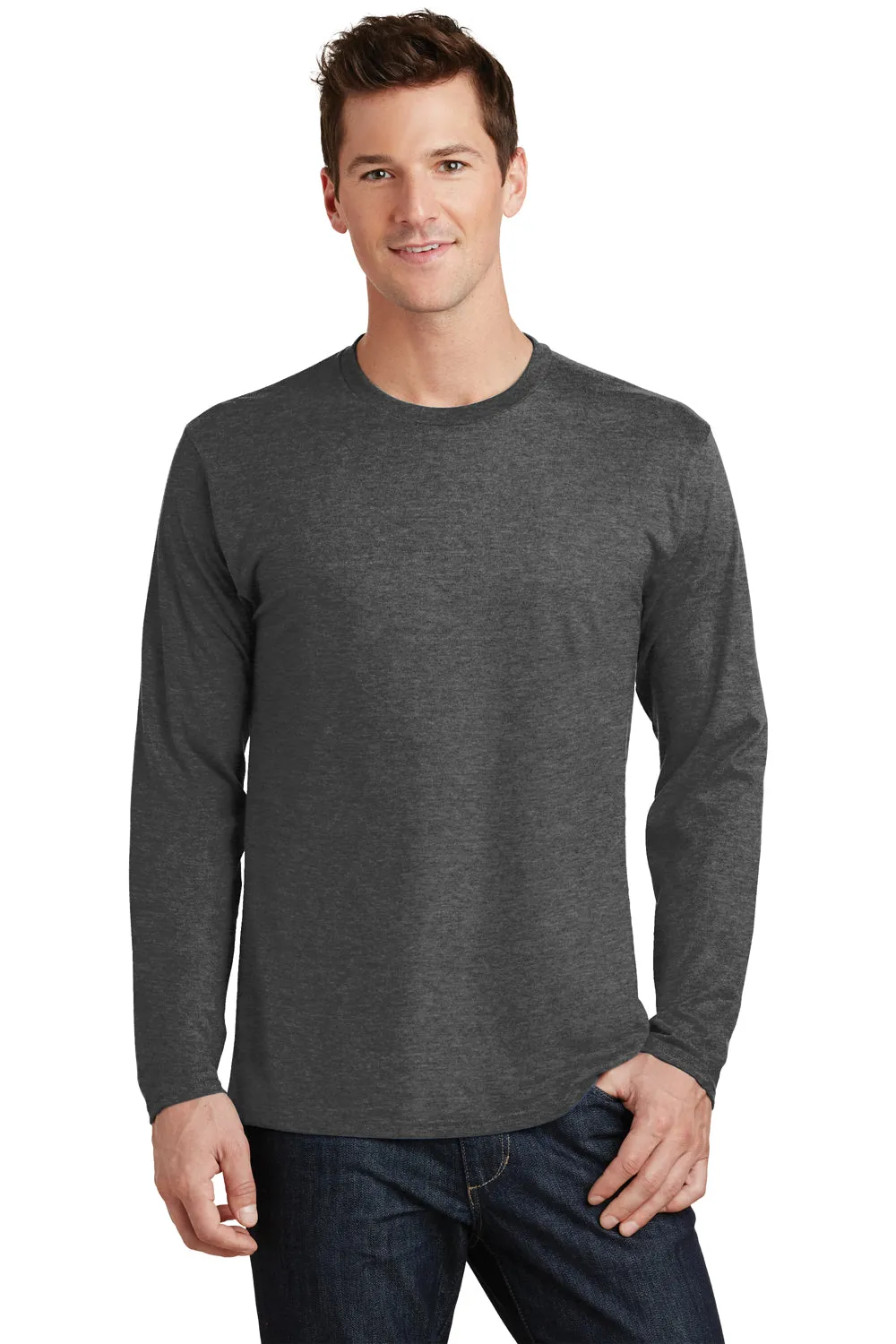 Port & Company Mens Fan Favorite Long Sleeve Crewneck T-Shirt - Heather Dark Grey