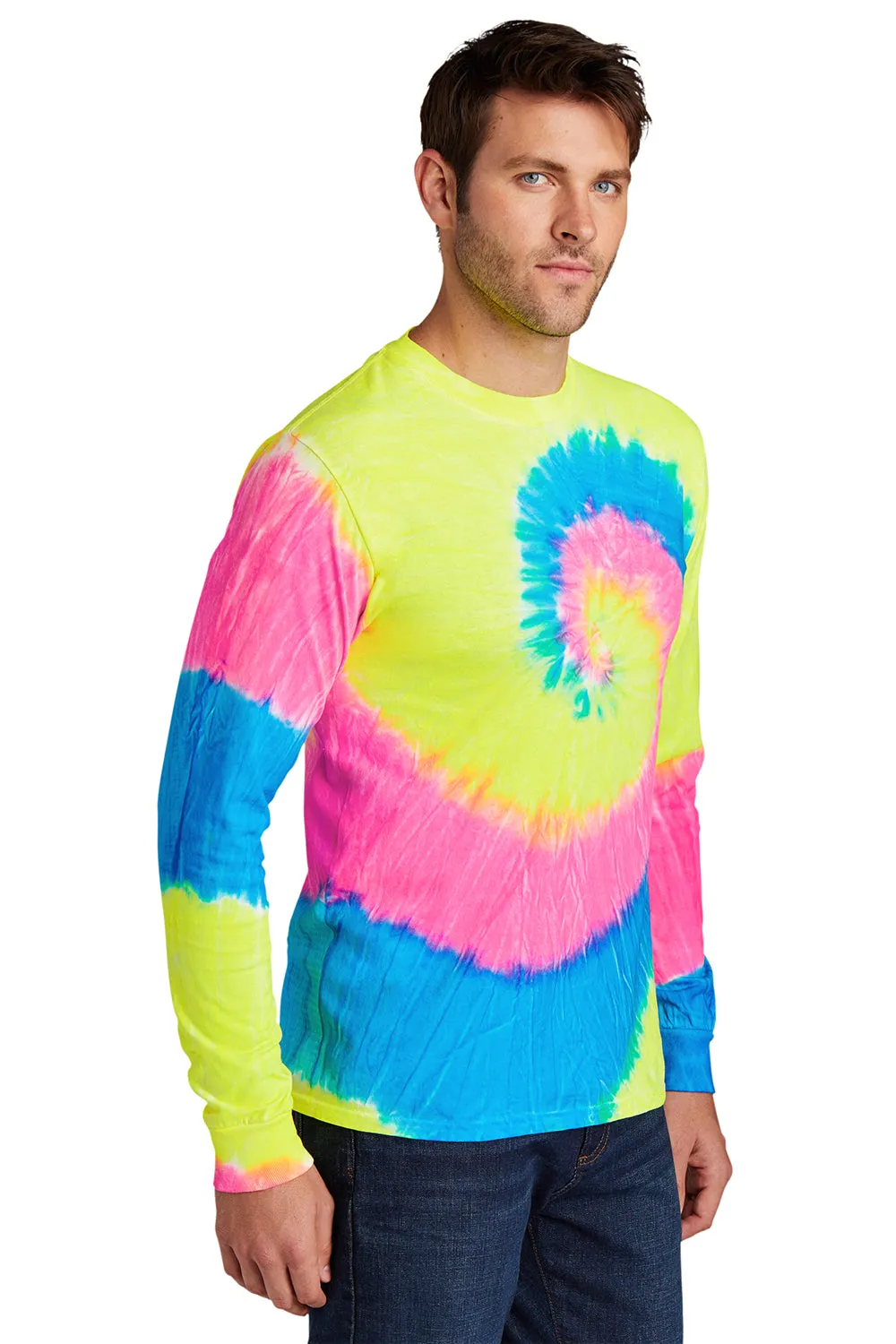 Port & Company Mens Tie-Dye Long Sleeve Crewneck T-Shirt - Neon Rainbow