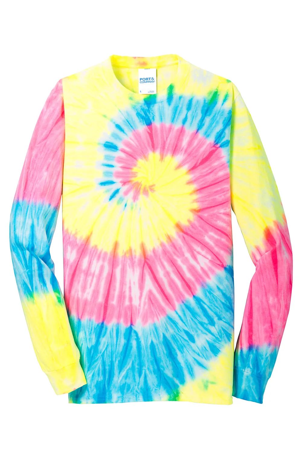 Port & Company Mens Tie-Dye Long Sleeve Crewneck T-Shirt - Neon Rainbow