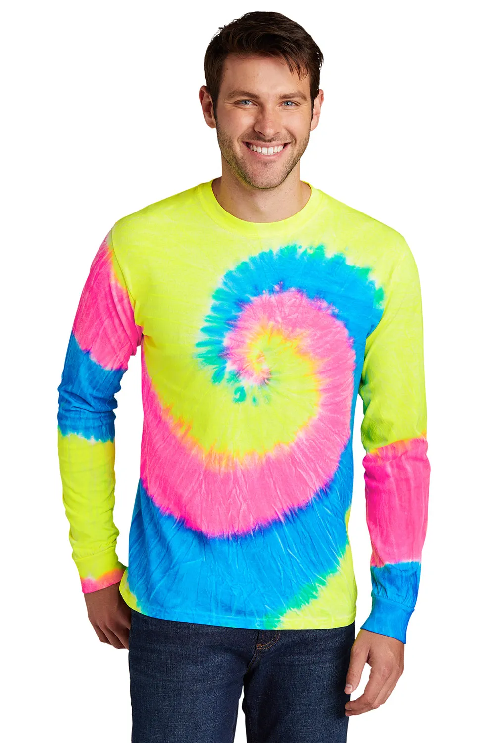 Port & Company Mens Tie-Dye Long Sleeve Crewneck T-Shirt - Neon Rainbow