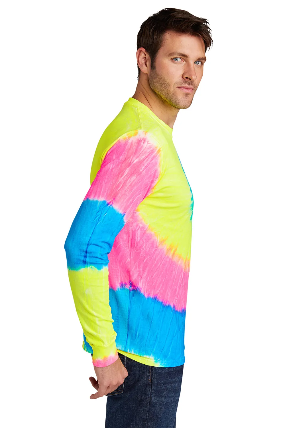 Port & Company Mens Tie-Dye Long Sleeve Crewneck T-Shirt - Neon Rainbow