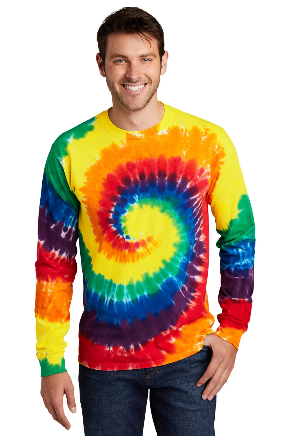 Port & Company Mens Tie-Dye Long Sleeve Crewneck T-Shirt - Rainbow