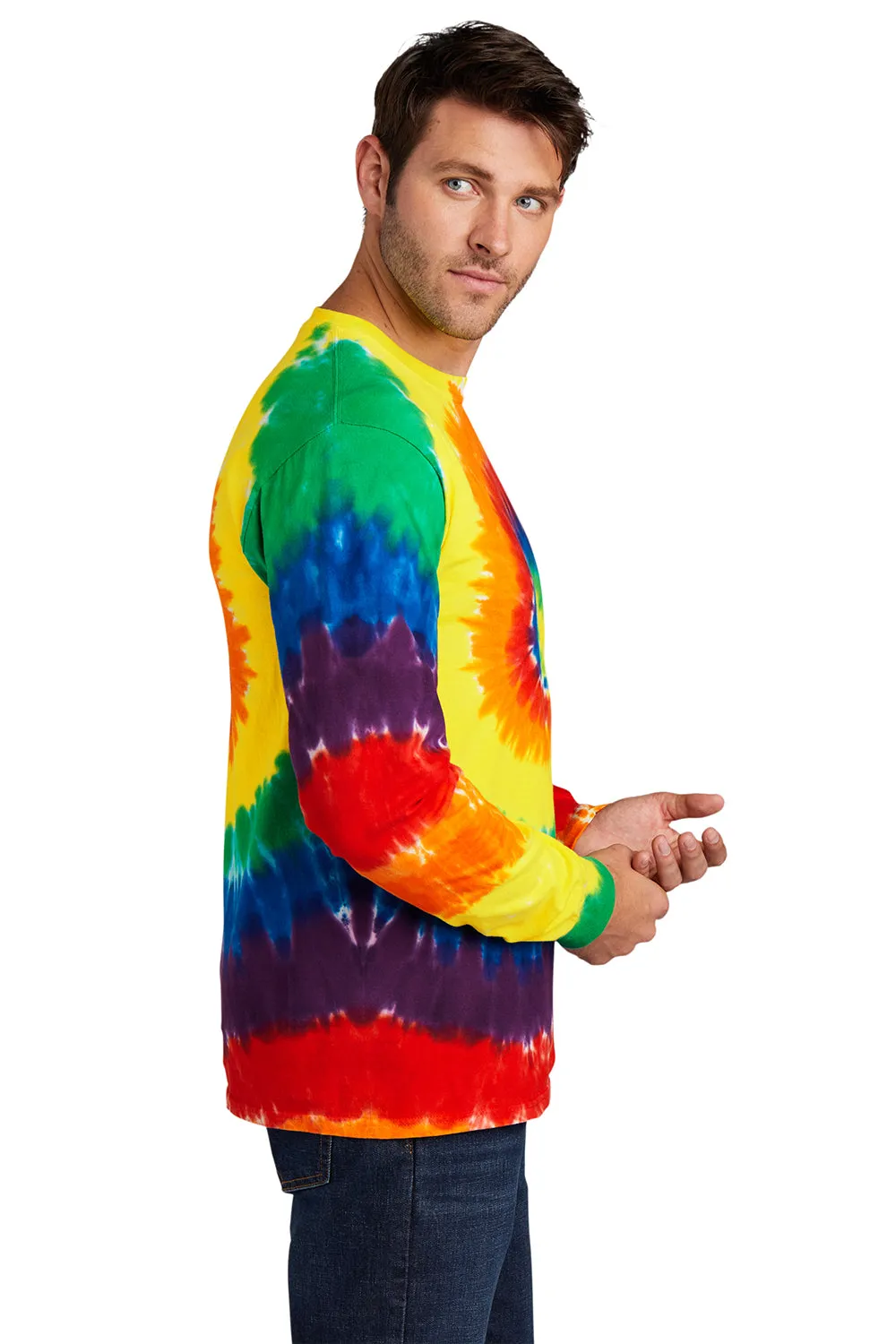 Port & Company Mens Tie-Dye Long Sleeve Crewneck T-Shirt - Rainbow