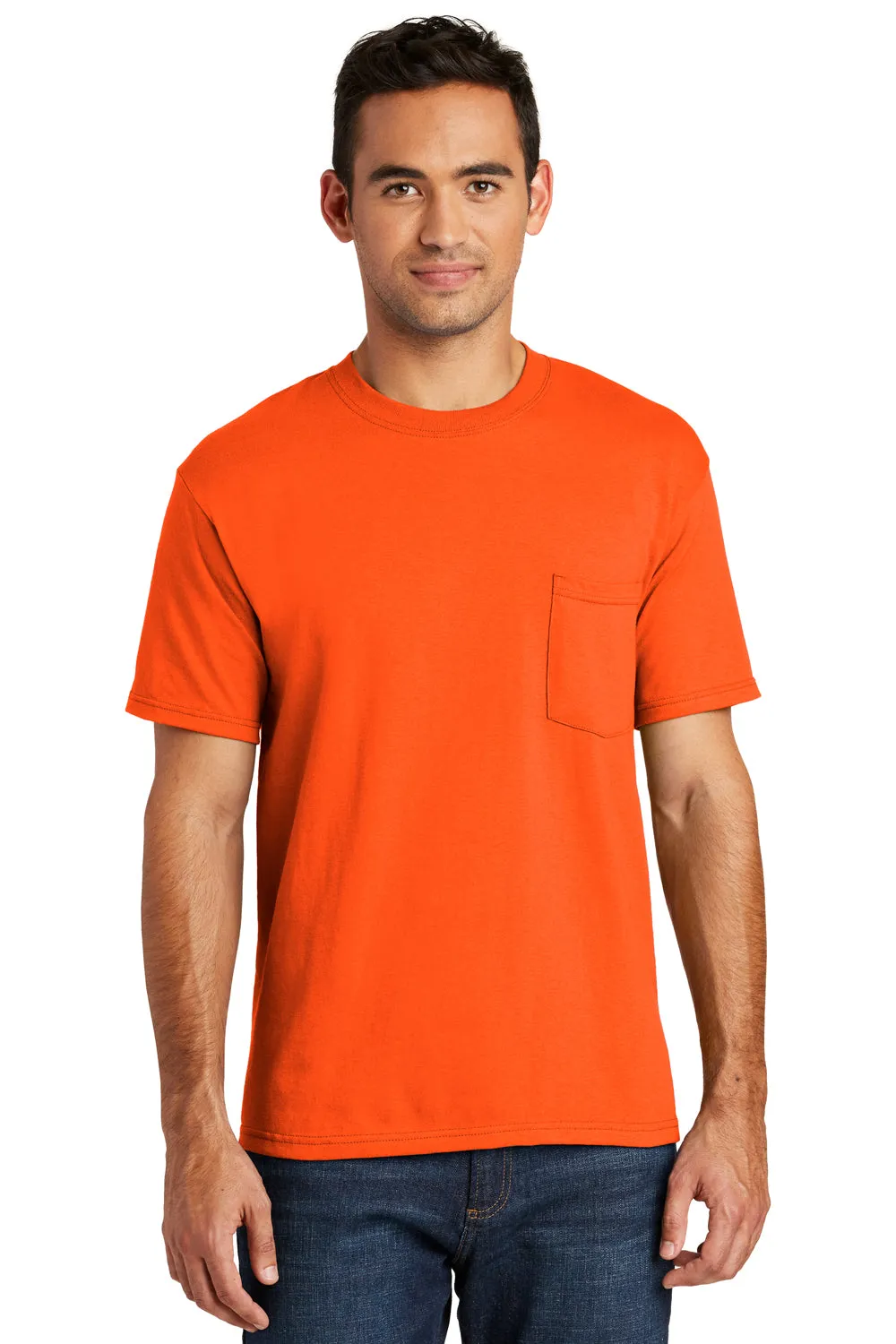 Port & Company Mens USA Made Short Sleeve Crewneck T-Shirt w/ Pocket - Safety Orange - Closeout