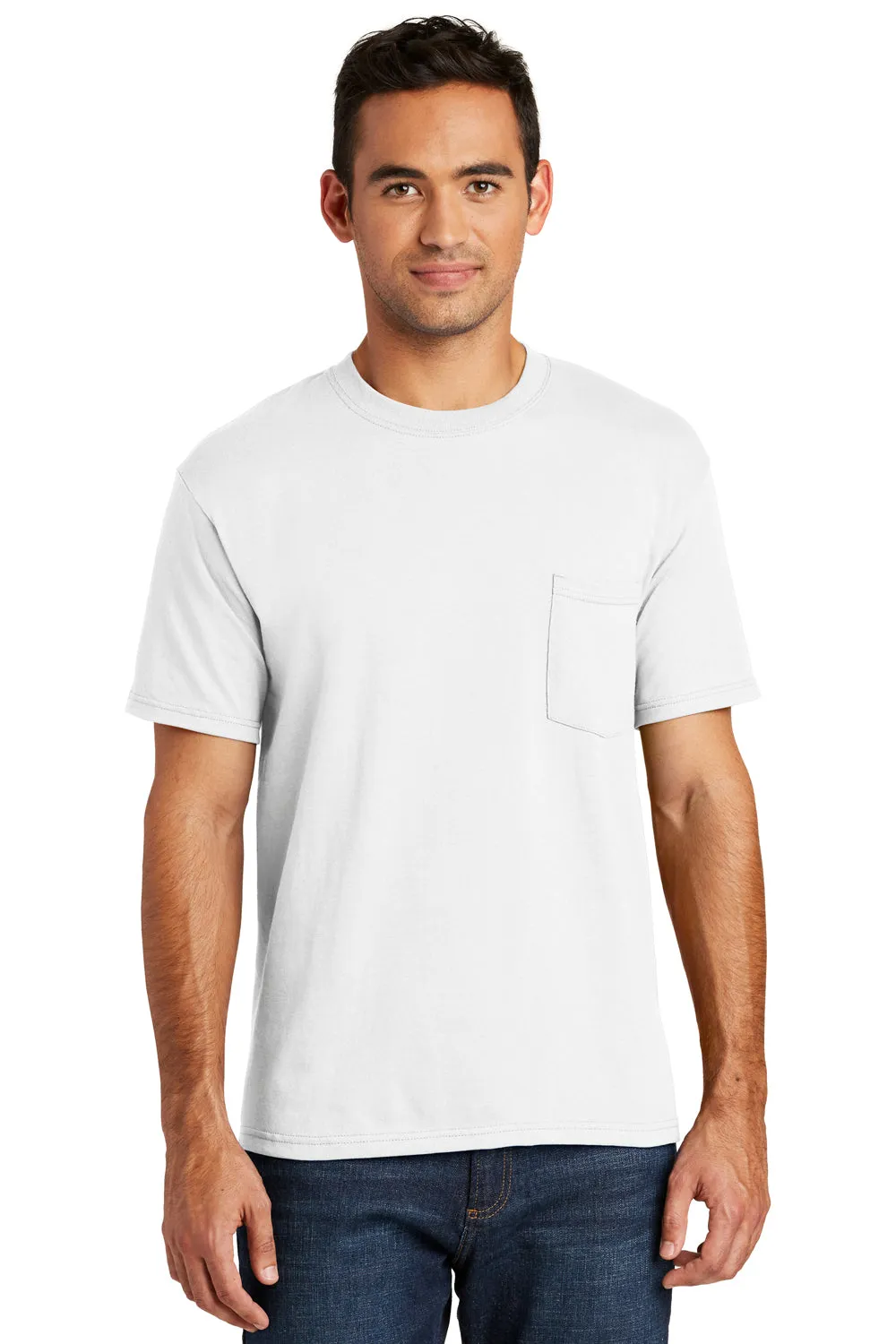 Port & Company Mens USA Made Short Sleeve Crewneck T-Shirt w/ Pocket - White - Closeout