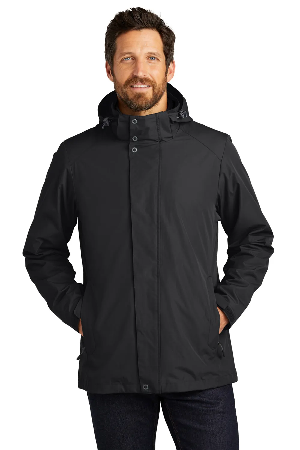 Port Authority Mens All Weather 3-in-1 Water Resistant Full Zip Hooded Jacket - Black