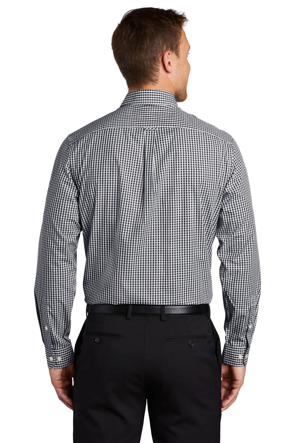 Port Authority Mens Broadcloth Gingham Wrinkle Resistant Long Sleeve Button Down Shirt w/ Pocket - Black/White
