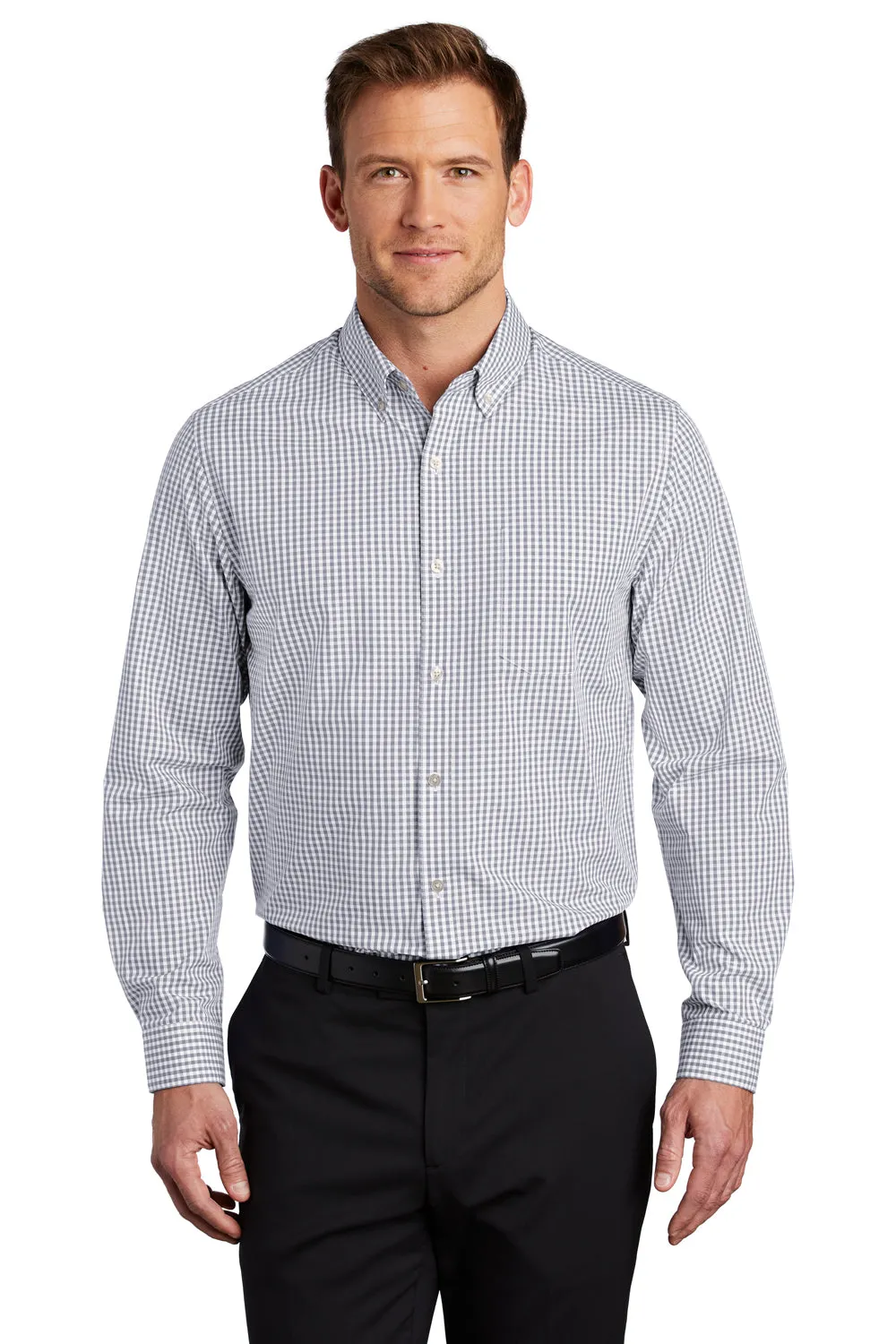 Port Authority Mens Broadcloth Gingham Wrinkle Resistant Long Sleeve Button Down Shirt w/ Pocket - Gusty Grey/White