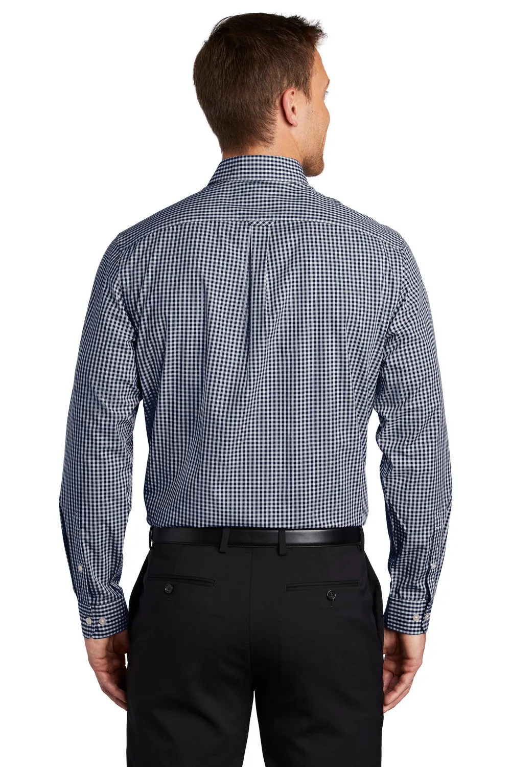 Port Authority Mens Broadcloth Gingham Wrinkle Resistant Long Sleeve Button Down Shirt w/ Pocket - True Navy Blue/White - Closeout