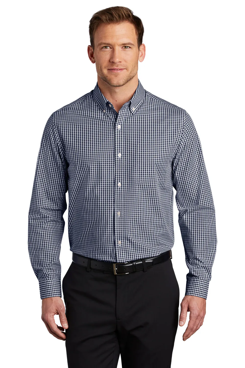 Port Authority Mens Broadcloth Gingham Wrinkle Resistant Long Sleeve Button Down Shirt w/ Pocket - True Navy Blue/White - Closeout