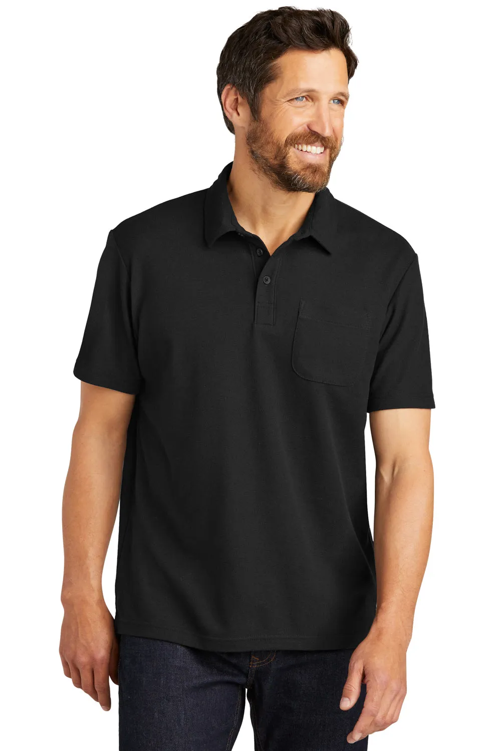 Port Authority Mens C-FREE Pique Short Sleeve Polo Shirt w/ Pocket - Black