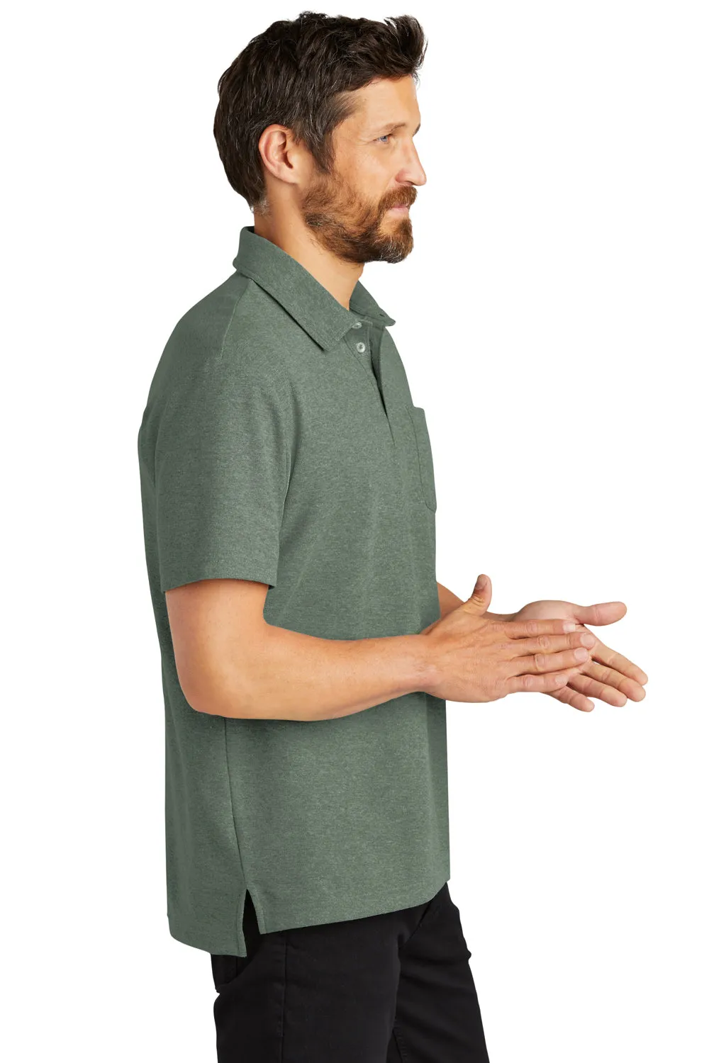 Port Authority Mens C-FREE Pique Short Sleeve Polo Shirt w/ Pocket - Heather Dark Green