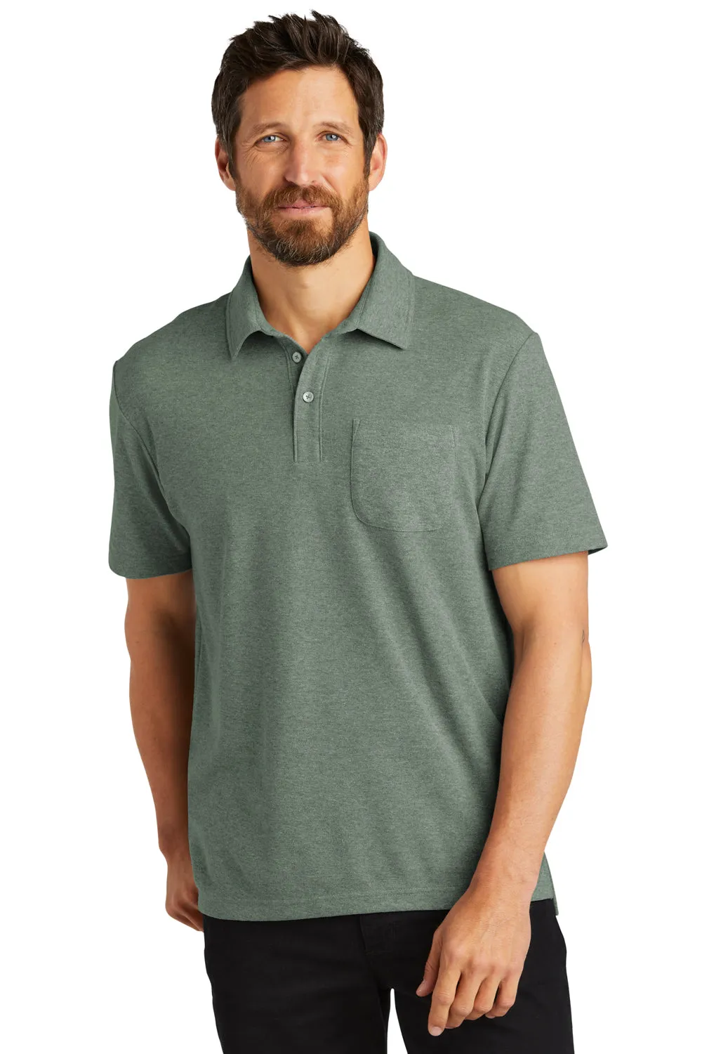 Port Authority Mens C-FREE Pique Short Sleeve Polo Shirt w/ Pocket - Heather Dark Green