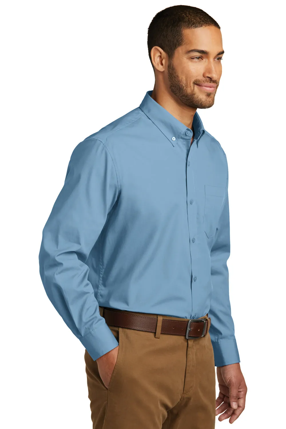 Port Authority Mens Carefree Stain Resistant Long Sleeve Button Down Shirt w/ Pocket - Carolina Blue