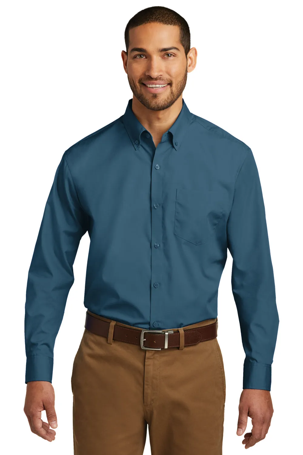 Port Authority Mens Carefree Stain Resistant Long Sleeve Button Down Shirt w/ Pocket - Dusty Blue - Closeout