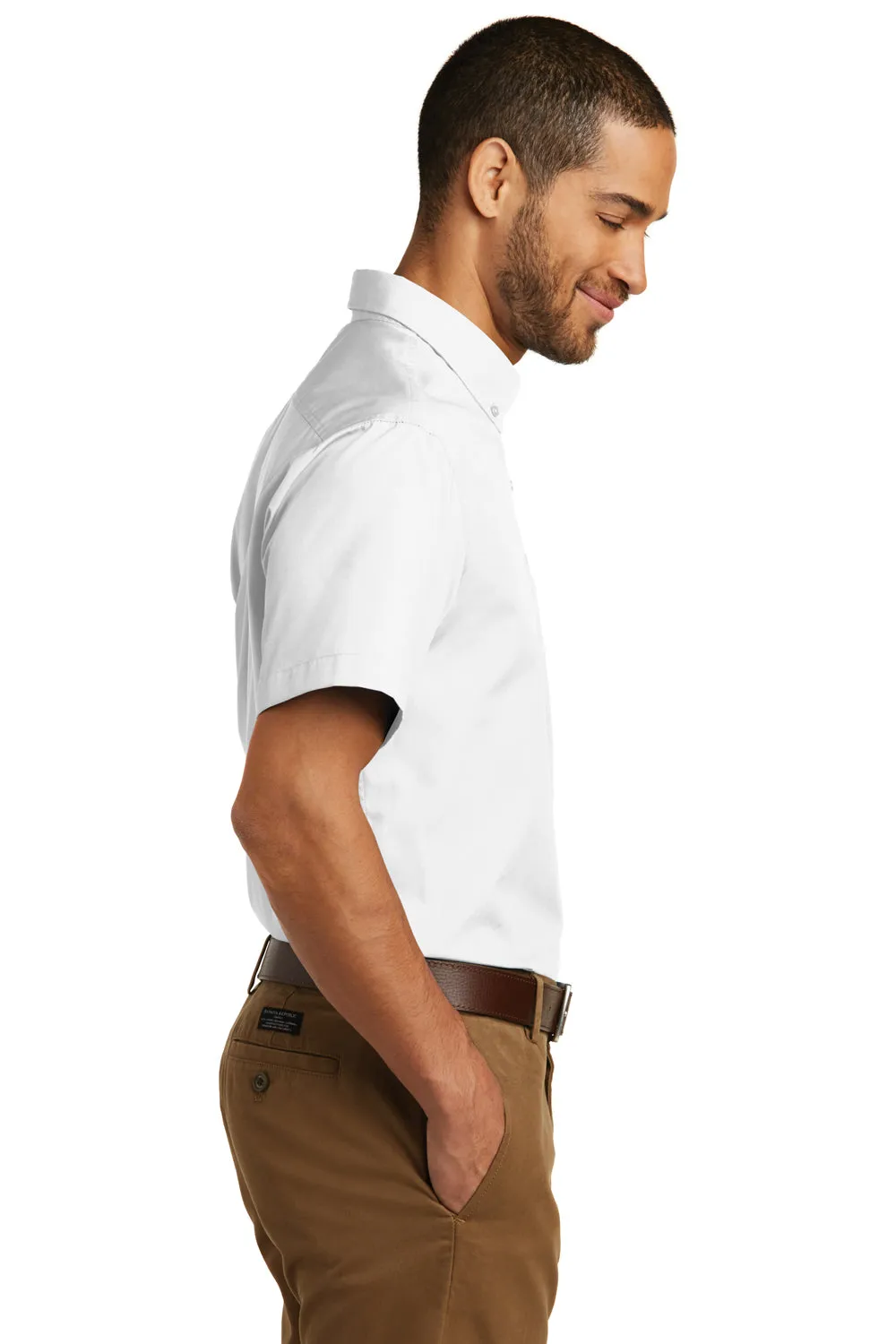 Port Authority Mens Carefree Stain Resistant Short Sleeve Button Down Shirt w/ Pocket - White